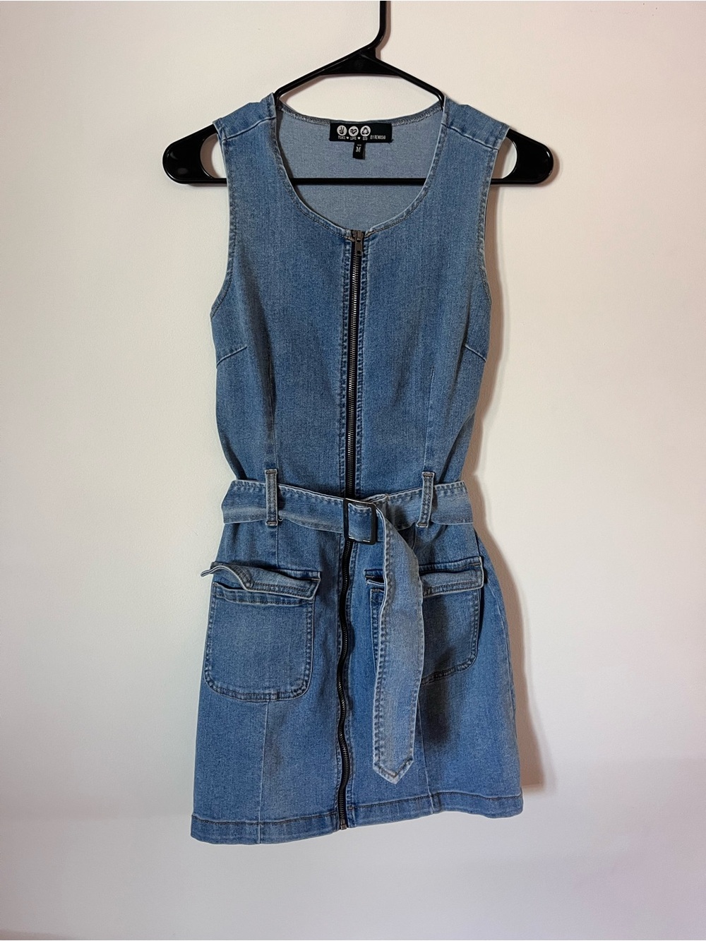 Rewash Blue Denim Zip-Front Belted Mini Dress